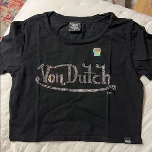 Von Dutch Rainbow effect rhinestone black crop tee size medium